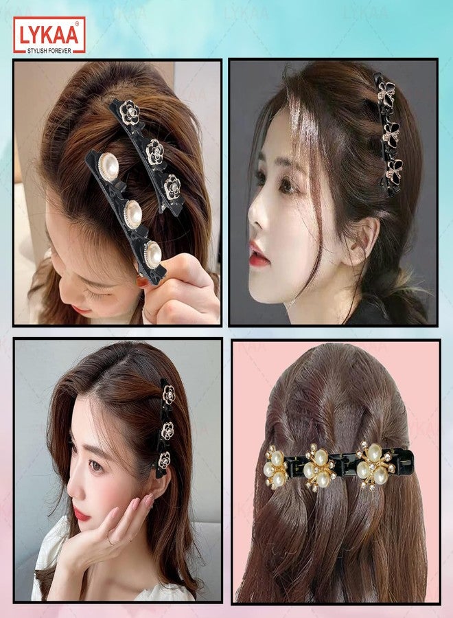LYKAA 2 Pcs Stylish Pearl and Rhinestone Medium Size Hair Clips, Braid Duckbill Hair Clips Styling Hairpins Barrettes Hair Accessories for Girl & Womens Crystal Stone & Pearl Double Layers (Pack of 2, Black) - Image 5