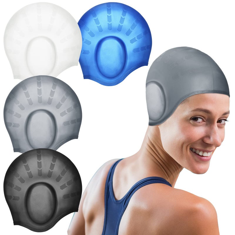 Janmercy 4 Pack Silicone Swimming Cap with 3D Ear Protection Cap Waterproof Bathing Solid Swimming Cap Swimming Unisex Bathing Swimming Hat for Kids Women Men Adults Child Youth Teen Long Hair, 4 Colors - Image 1