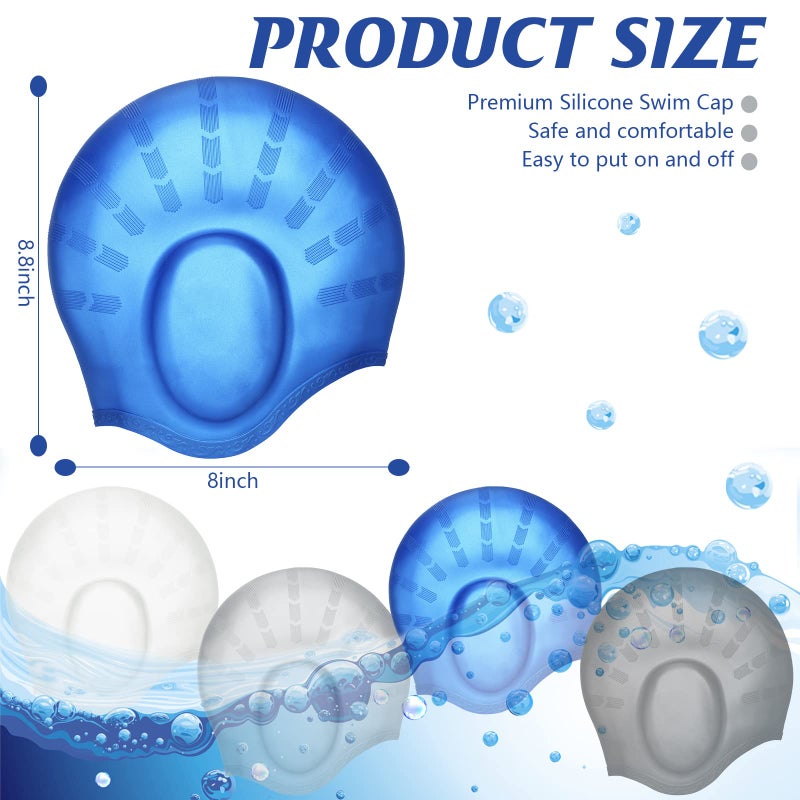 Janmercy 4 Pack Silicone Swimming Cap with 3D Ear Protection Cap Waterproof Bathing Solid Swimming Cap Swimming Unisex Bathing Swimming Hat for Kids Women Men Adults Child Youth Teen Long Hair, 4 Colors - Image 2