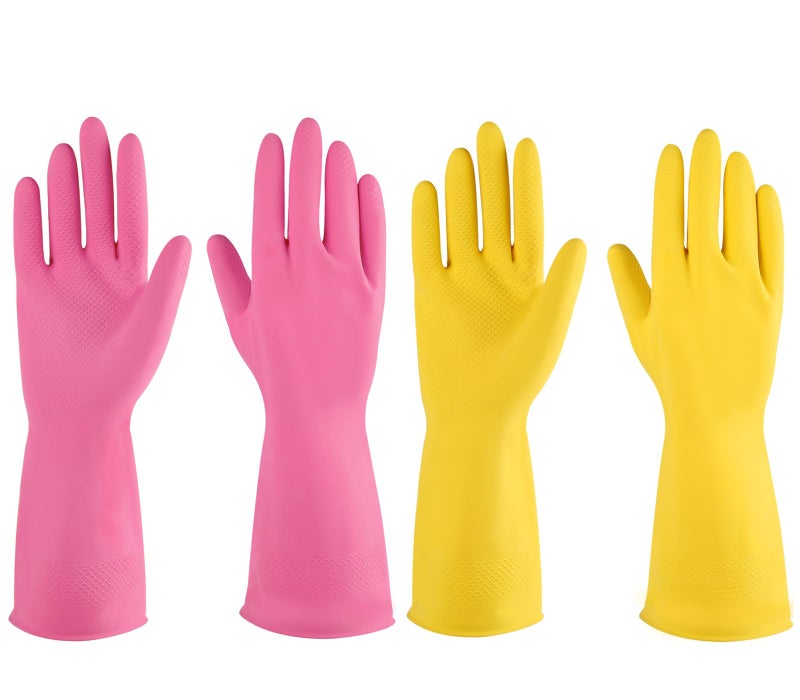 IUCGE Rubber gloves dishwashing 2 Pairs for Kitchen,Cleaning gloves for household Reuseable.(Large,Pink+Yellow) - Image 1
