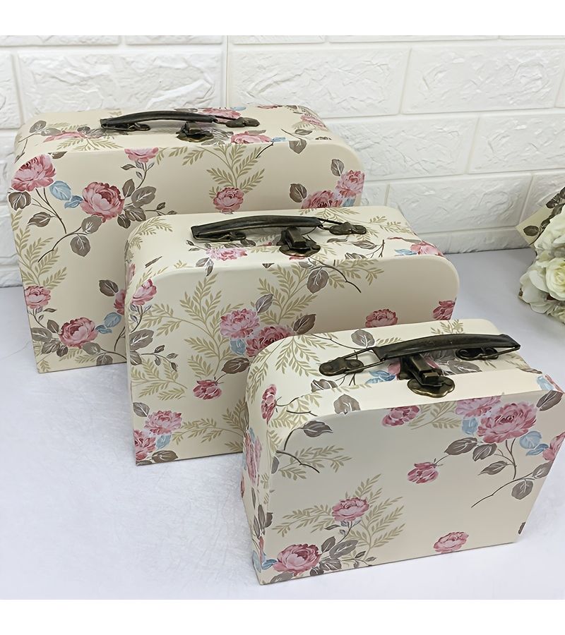 3 Piece White Retro Suitcase Gift Box Set Mini Luggage Shape Storage Box With Lid For Souvenirs Small Trinkets Light Luxury Gift Combo For Valentine Day Mother Day Birthday Parties Party Favors Multiple Floral Print Options Available - Image 1