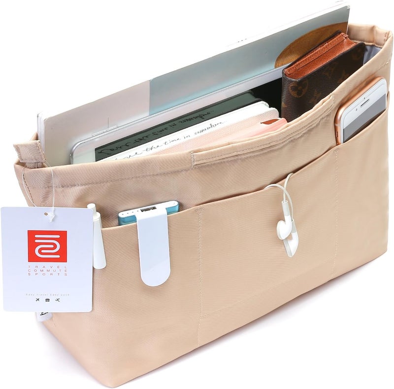 in . Purse Organizer Insert with zipper Nylon fabric for women Handbags & Totebag beige Size: Medium: 15.7"(Top)/12.2"(Bottom) L × 4.7" W × 8.3" H - Image 1