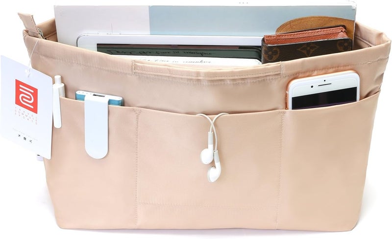 in . Purse Organizer Insert with zipper Nylon fabric for women Handbags & Totebag beige Size: Medium: 15.7"(Top)/12.2"(Bottom) L × 4.7" W × 8.3" H - Image 2
