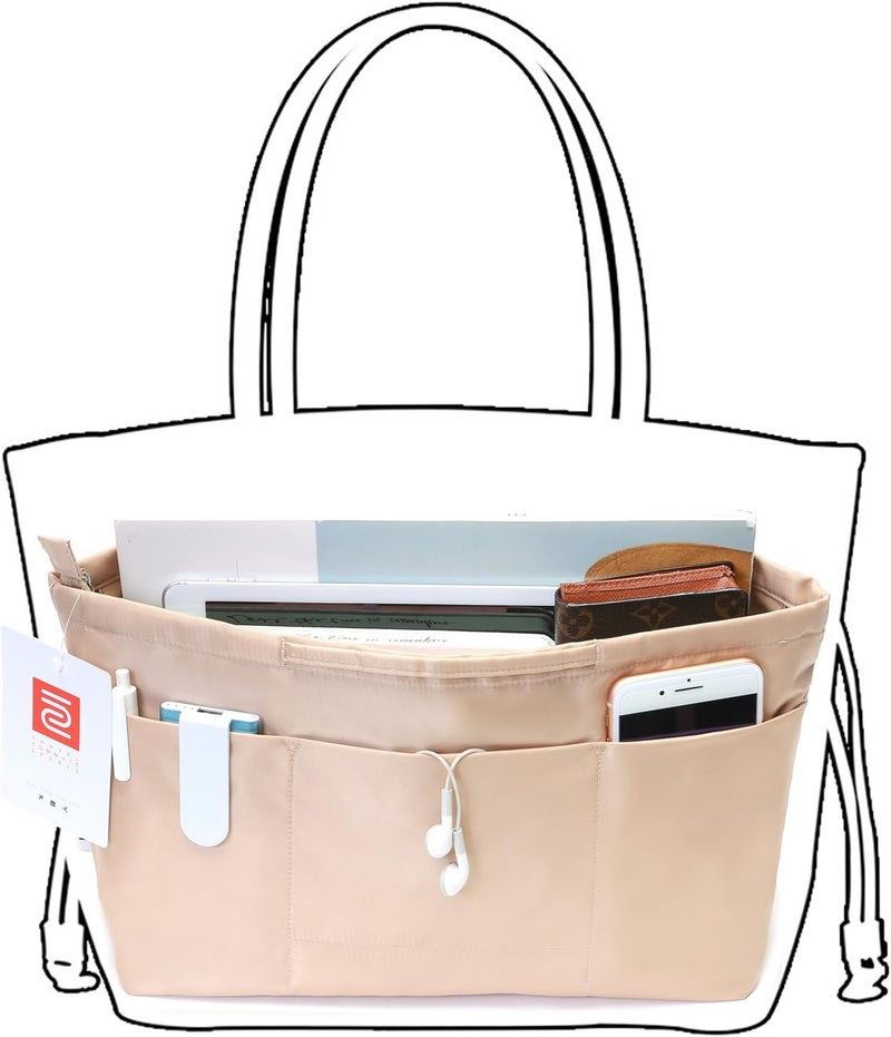 in . Purse Organizer Insert with zipper Nylon fabric for women Handbags & Totebag beige Size: Medium: 15.7"(Top)/12.2"(Bottom) L × 4.7" W × 8.3" H - Image 3