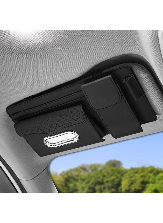 منظم فاخر لواقي شمس السيارة، حقيبة تخزين متعددة الاستخدامات من جلد الغنم مع حامل نظارات، وجيوب للفواتير والبطاقات والمناديل، تصميم واسع السعة ومنظم، سهل التركيب (أسود) - Image 1
