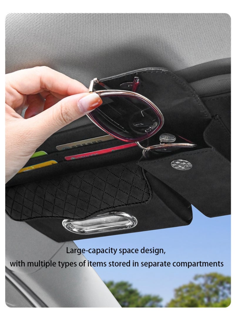 منظم فاخر لواقي شمس السيارة، حقيبة تخزين متعددة الاستخدامات من جلد الغنم مع حامل نظارات، وجيوب للفواتير والبطاقات والمناديل، تصميم واسع السعة ومنظم، سهل التركيب (أسود) - Image 2