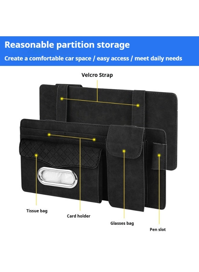 منظم فاخر لواقي شمس السيارة، حقيبة تخزين متعددة الاستخدامات من جلد الغنم مع حامل نظارات، وجيوب للفواتير والبطاقات والمناديل، تصميم واسع السعة ومنظم، سهل التركيب (أسود) - Image 4