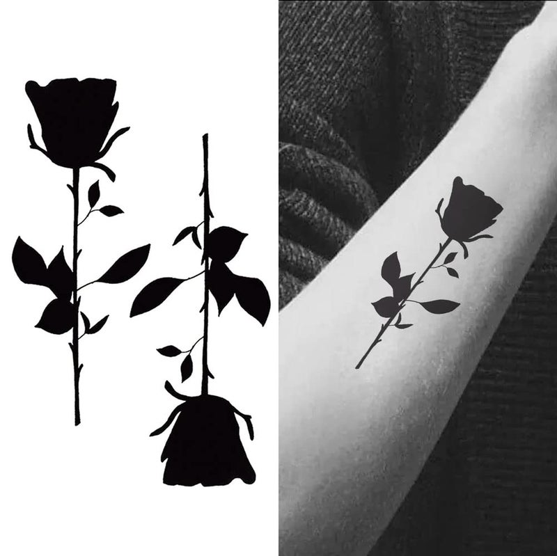 Small Cute Temporary Tattoo Sticker Set of 2-2Pcs Black Rose Flower Thorns Totem Designs for Hand Neck Face Wrist, Waterproof Fake Body Art, Simple & Modern Unisex Skin Decals