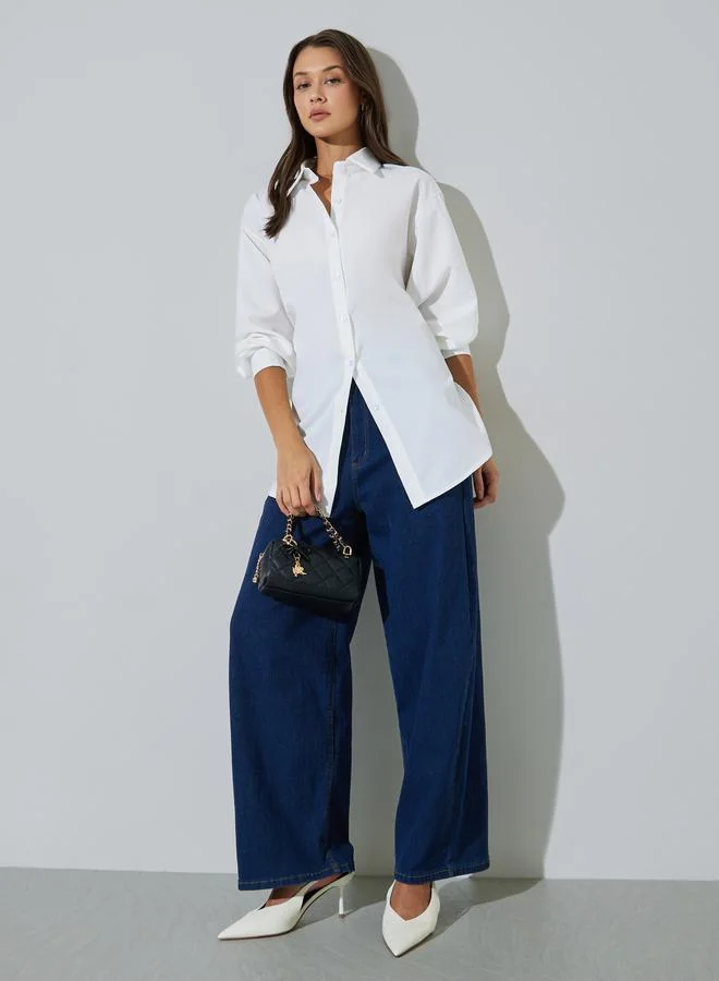 ستايلي White Solid Longline Oversized Shirt