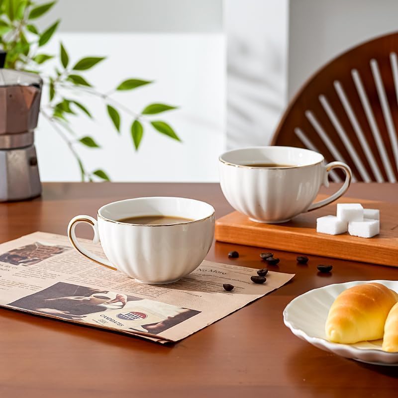 OneUstar Tea Cup and Saucer Set for 1 Bone China English Tea Cup with Spoon 8 oz Teacup Coffee Cappuccino Latte Mug with Gold Trim, White - Image 2