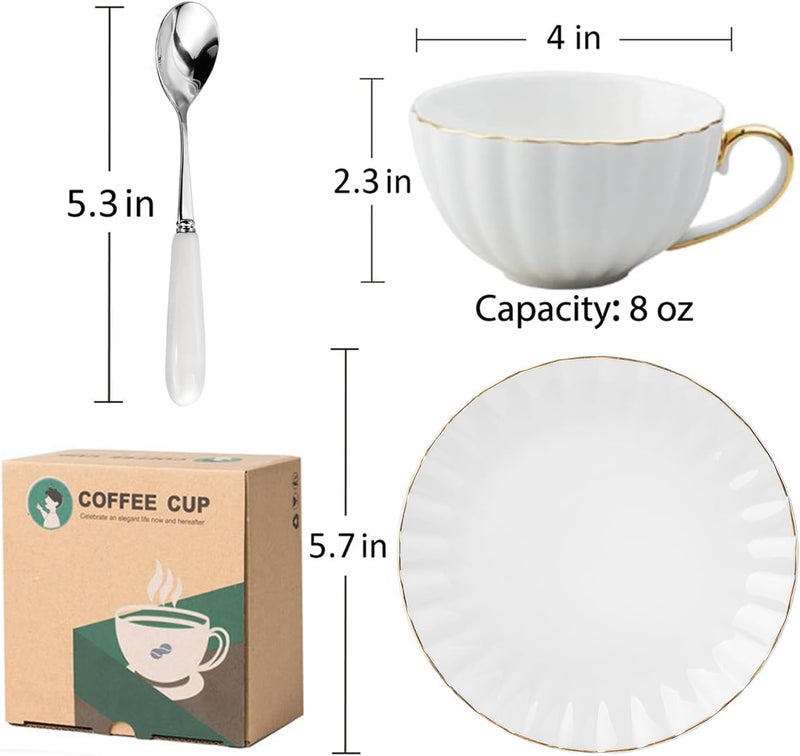OneUstar Tea Cup and Saucer Set for 1 Bone China English Tea Cup with Spoon 8 oz Teacup Coffee Cappuccino Latte Mug with Gold Trim, White - Image 5