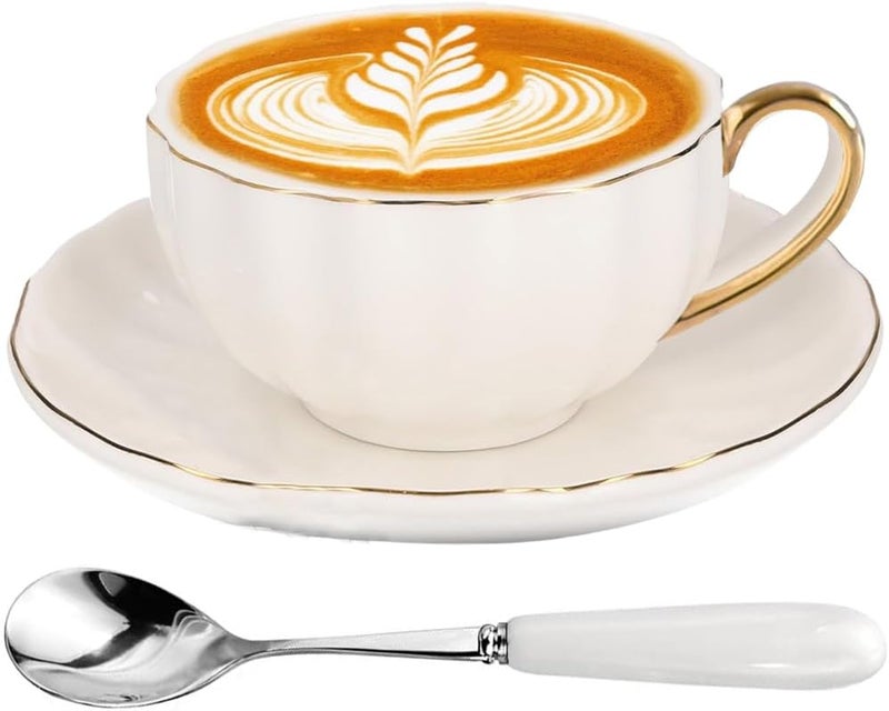 OneUstar Tea Cup and Saucer Set for 1 Bone China English Tea Cup with Spoon 8 oz Teacup Coffee Cappuccino Latte Mug with Gold Trim, White - Image 1