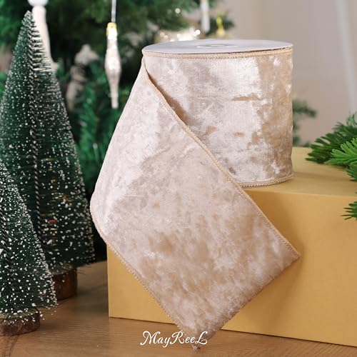 MAYREEL 4 Inch Champagne Gold Crushed Velvet Ribbon Wired Extra Wide Pale Gold for Christmas Decorations Gift Wrapping Wreaths Tree Toppers 10 Yards - Image 5