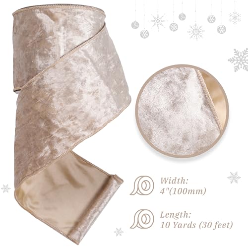 MAYREEL 4 Inch Champagne Gold Crushed Velvet Ribbon Wired Extra Wide Pale Gold for Christmas Decorations Gift Wrapping Wreaths Tree Toppers 10 Yards - Image 2