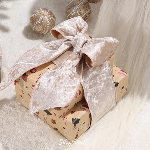 MAYREEL 4 Inch Champagne Gold Crushed Velvet Ribbon Wired Extra Wide Pale Gold for Christmas Decorations Gift Wrapping Wreaths Tree Toppers 10 Yards - Image 4