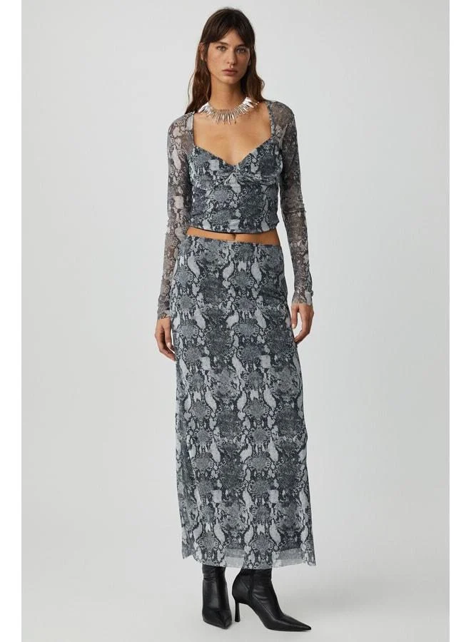 Grimelange BEULAH Women's Maxi Dress Slim Fit with Elastic Waist, Tulle Batik Snake Pattern Skirt.