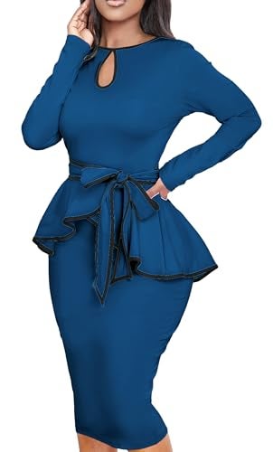 Yiershu Women Dress Elegant Peplum Business Dresses Sexy Split Long Sleeve Bodycon Knee Length Formal Pencil Back Zipper Dress Light/Royal Blue - Image 4