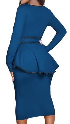 Yiershu Women Dress Elegant Peplum Business Dresses Sexy Split Long Sleeve Bodycon Knee Length Formal Pencil Back Zipper Dress Light/Royal Blue - Image 2