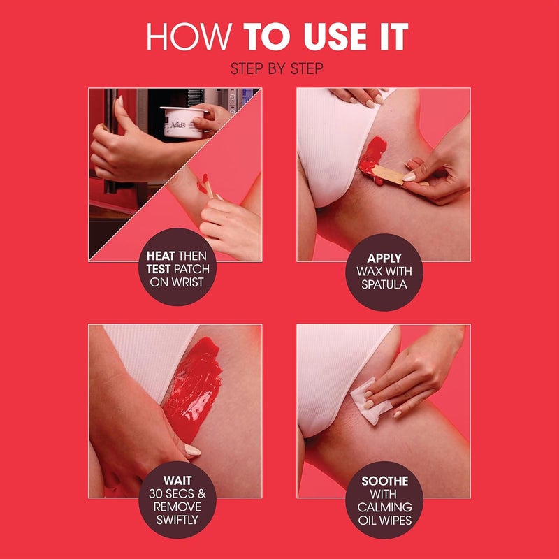 Nad's مجموعة شمع البكيني البرازيلية من نادز خالية من الشرائط شمع صلب مجموعة إزالة الشعر الحميمة تشمل 3 ملعقات خشبية 3 x مناديل زيت شمع ساخن 140 جرام - Image 4