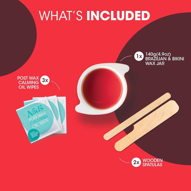 Nad's مجموعة شمع البكيني البرازيلية من نادز خالية من الشرائط شمع صلب مجموعة إزالة الشعر الحميمة تشمل 3 ملعقات خشبية 3 x مناديل زيت شمع ساخن 140 جرام - Image 3