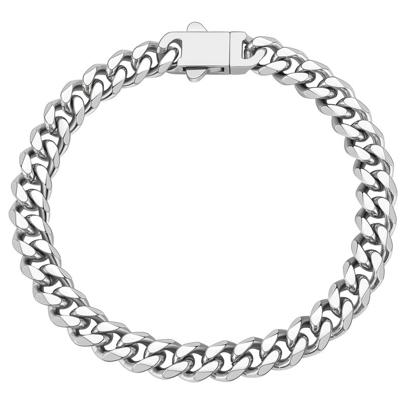 Fiusem Mens 14K Silver Plated Bracelets for Men, Stainless Steel Cuban link Bracelet for Men, 7mm Width, 7.5" Length Jewelry - Image 1