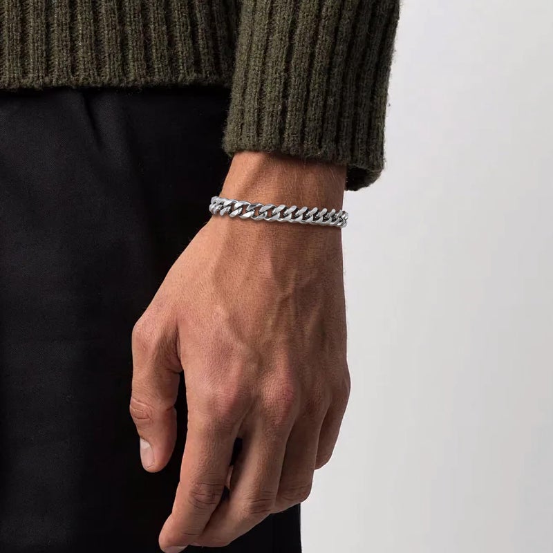 Fiusem Mens 14K Silver Plated Bracelets for Men, Stainless Steel Cuban link Bracelet for Men, 7mm Width, 7.5" Length Jewelry - Image 3