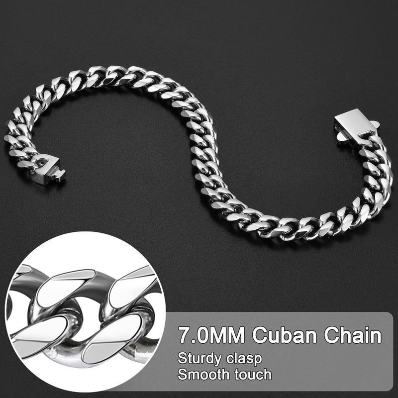 Fiusem Mens 14K Silver Plated Bracelets for Men, Stainless Steel Cuban link Bracelet for Men, 7mm Width, 7.5" Length Jewelry - Image 4