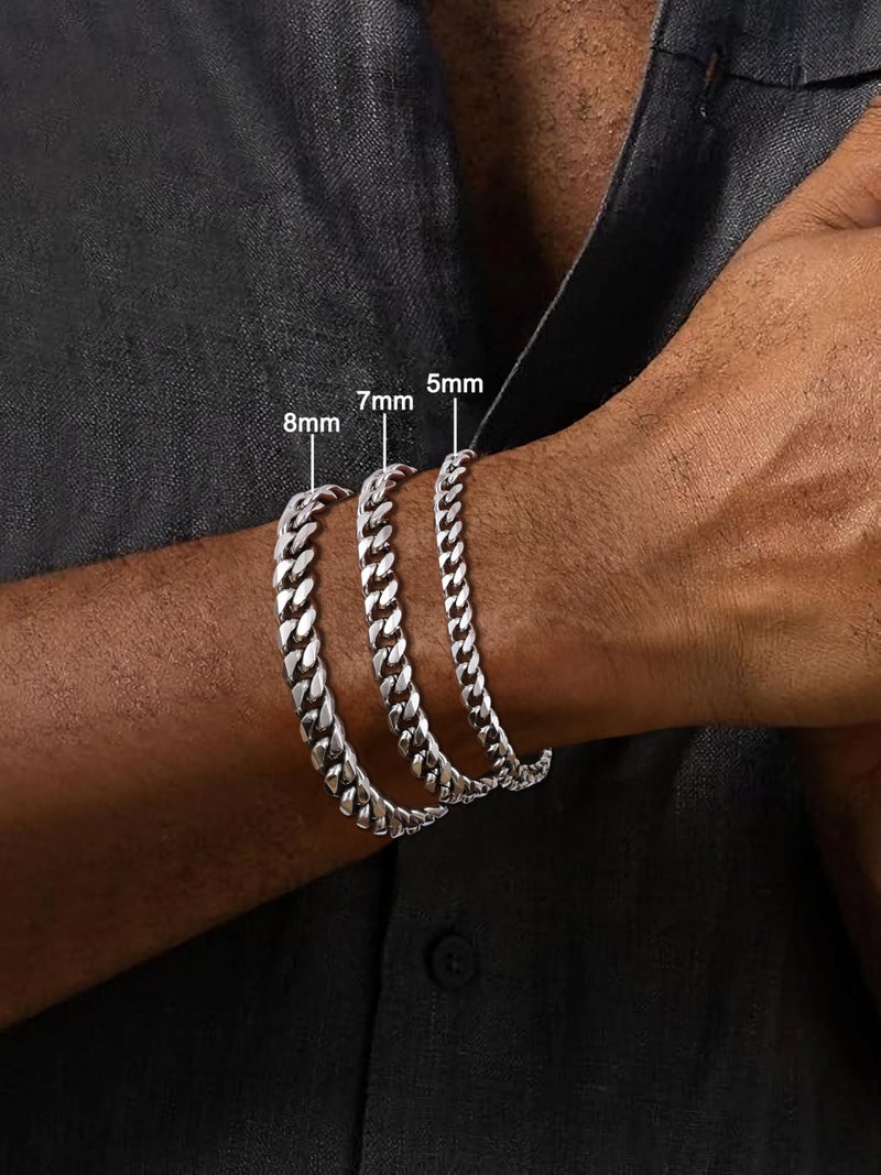 Fiusem Mens 14K Silver Plated Bracelets for Men, Stainless Steel Cuban link Bracelet for Men, 7mm Width, 7.5" Length Jewelry - Image 5