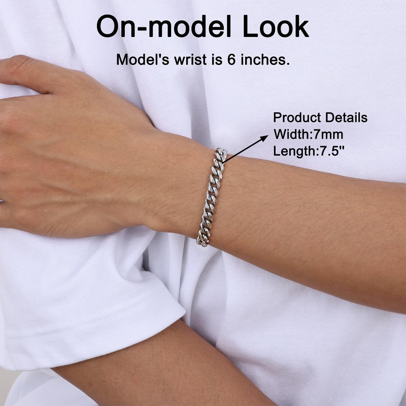 Fiusem Mens 14K Silver Plated Bracelets for Men, Stainless Steel Cuban link Bracelet for Men, 7mm Width, 7.5" Length Jewelry - Image 2