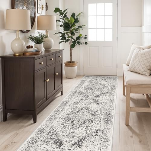 EISUROM Washable 2'6''x8' Runner Rug - Non-Slip Vintage Runner Rug for Entryway Low-Pile Medallion Long Rugs for Hallway Waterproof Traditional Runner Rugs Indoor Thin Rug for Kitchen (Grey) - Image 1
