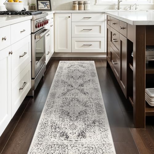 EISUROM Washable 2'6''x8' Runner Rug - Non-Slip Vintage Runner Rug for Entryway Low-Pile Medallion Long Rugs for Hallway Waterproof Traditional Runner Rugs Indoor Thin Rug for Kitchen (Grey) - Image 2