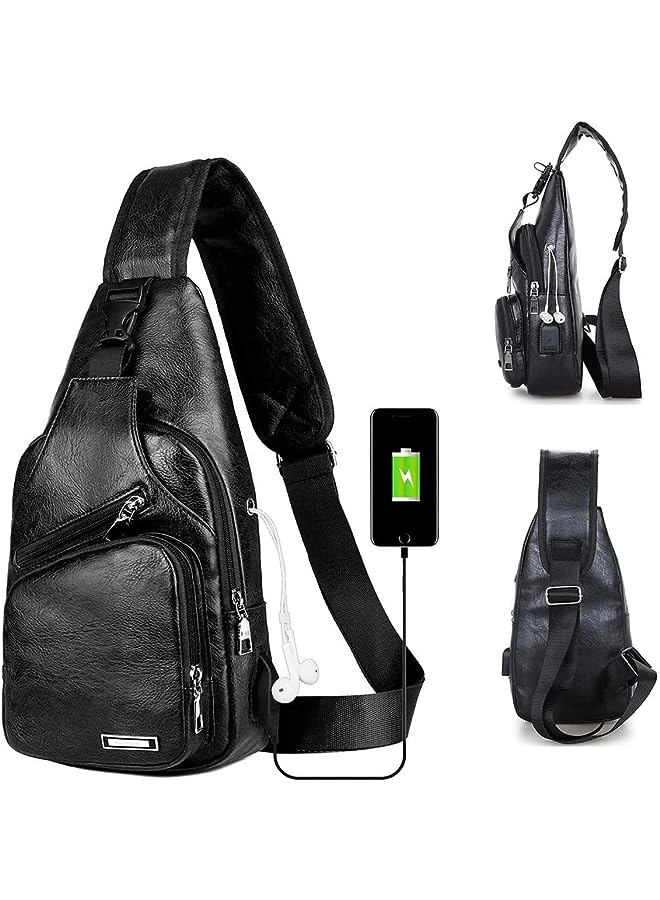 PROMASS Men's Leather Sling Bag,Chest Bags Shoulder Backpack for Mens/Women Anti-Theft Sling Shoulder Multifunctional Lightweight Crossbody Bag with USB Charging Port for Business Casual Travel Sport  - Image 1