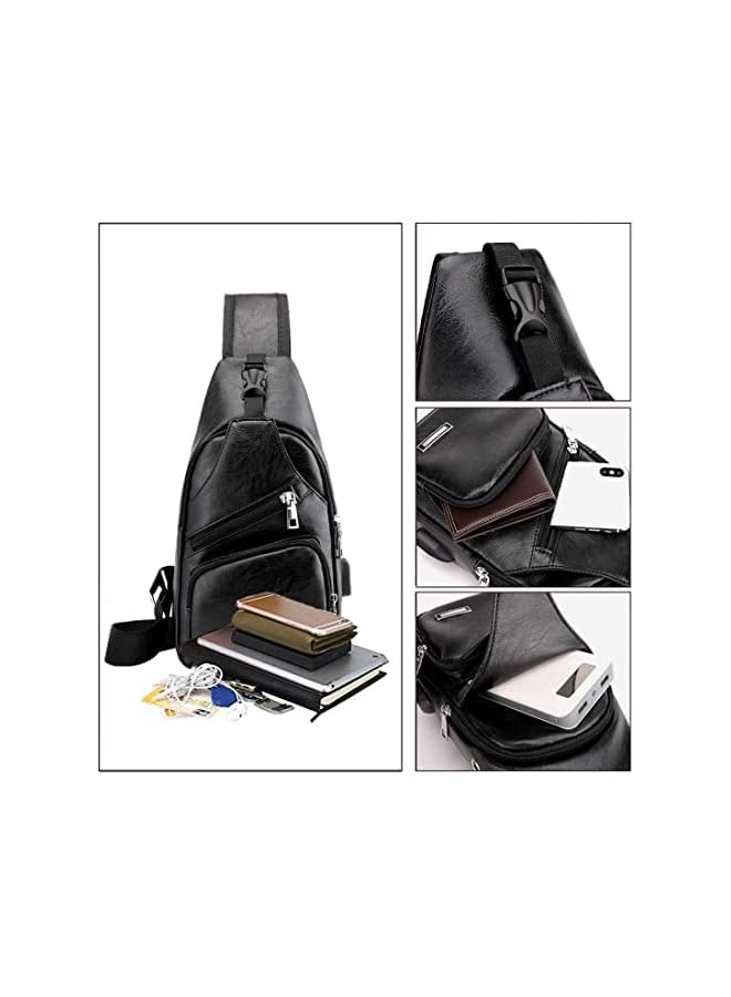 PROMASS Men's Leather Sling Bag,Chest Bags Shoulder Backpack for Mens/Women Anti-Theft Sling Shoulder Multifunctional Lightweight Crossbody Bag with USB Charging Port for Business Casual Travel Sport  - Image 5