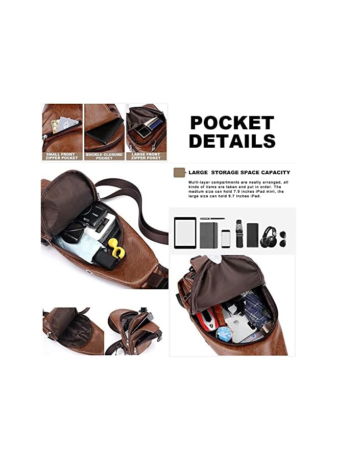 PROMASS Men's Leather Sling Bag,Chest Bags Shoulder Backpack for Mens/Women Anti-Theft Sling Shoulder Multifunctional Lightweight Crossbody Bag with USB Charging Port for Business Casual Travel Sport  - Image 2
