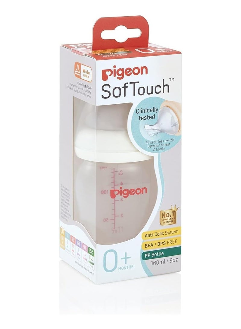 Pigeon SofTouch Peristaltic Plus Wide Neck Plastic Nursing Bottle – BPA & BPS Free, 100% Silicone Nipple, 160ml - Image 1