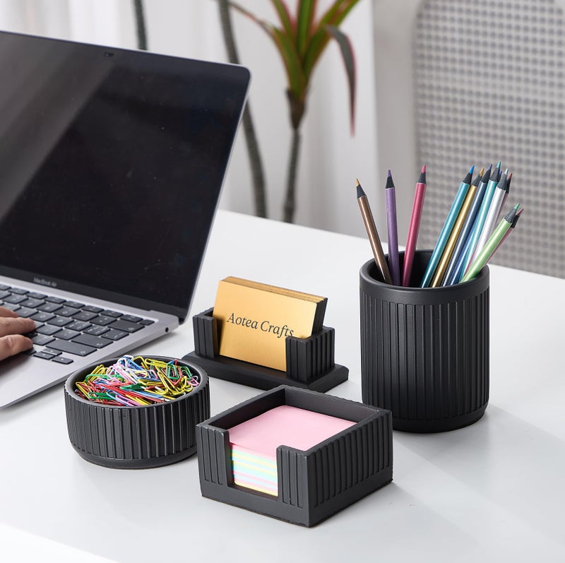 Aotea Crafts Set of 4 - Concrete Desk Accessories For Modern, Industrial, Minimalist Office Decor- Aesthetic Desk Organizers Accessories For Women or Men- Pen, Business Card Holder & Sticky Note, Paper Clip Holder - Image 2