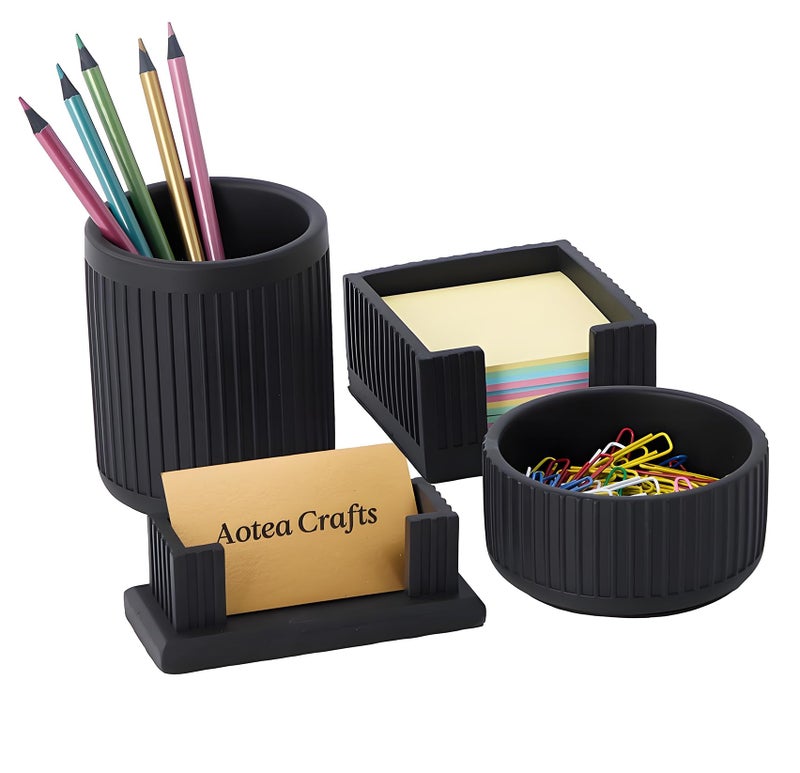 Aotea Crafts Set of 4 - Concrete Desk Accessories For Modern, Industrial, Minimalist Office Decor- Aesthetic Desk Organizers Accessories For Women or Men- Pen, Business Card Holder & Sticky Note, Paper Clip Holder - Image 1