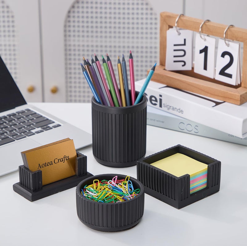 Aotea Crafts Set of 4 - Concrete Desk Accessories For Modern, Industrial, Minimalist Office Decor- Aesthetic Desk Organizers Accessories For Women or Men- Pen, Business Card Holder & Sticky Note, Paper Clip Holder - Image 3