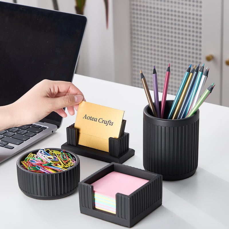 Aotea Crafts Set of 4 - Concrete Desk Accessories For Modern, Industrial, Minimalist Office Decor- Aesthetic Desk Organizers Accessories For Women or Men- Pen, Business Card Holder & Sticky Note, Paper Clip Holder - Image 5