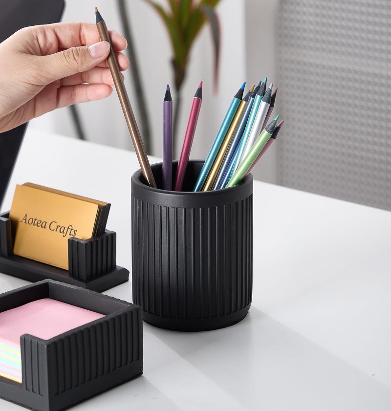Aotea Crafts Set of 4 - Concrete Desk Accessories For Modern, Industrial, Minimalist Office Decor- Aesthetic Desk Organizers Accessories For Women or Men- Pen, Business Card Holder & Sticky Note, Paper Clip Holder - Image 4