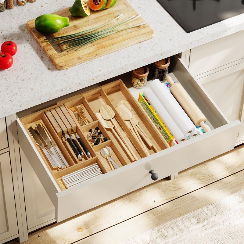 HOOBRO HO0BRO Large Silverware Organizer Kitchen Drawer Organizer, Magnetic Connected Expandable Utensil Organizer From 22 to 35 Inches, Bamboo 16 Slots Cutlery Tray with Knife Holder, Natural YL07TL01 - Image 4