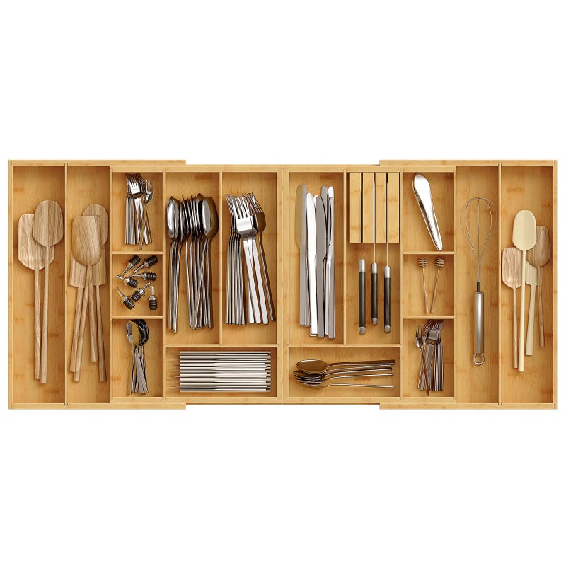 HOOBRO HO0BRO Large Silverware Organizer Kitchen Drawer Organizer, Magnetic Connected Expandable Utensil Organizer From 22 to 35 Inches, Bamboo 16 Slots Cutlery Tray with Knife Holder, Natural YL07TL01 - Image 1