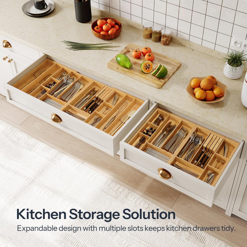 HOOBRO HO0BRO Large Silverware Organizer Kitchen Drawer Organizer, Magnetic Connected Expandable Utensil Organizer From 22 to 35 Inches, Bamboo 16 Slots Cutlery Tray with Knife Holder, Natural YL07TL01 - Image 2