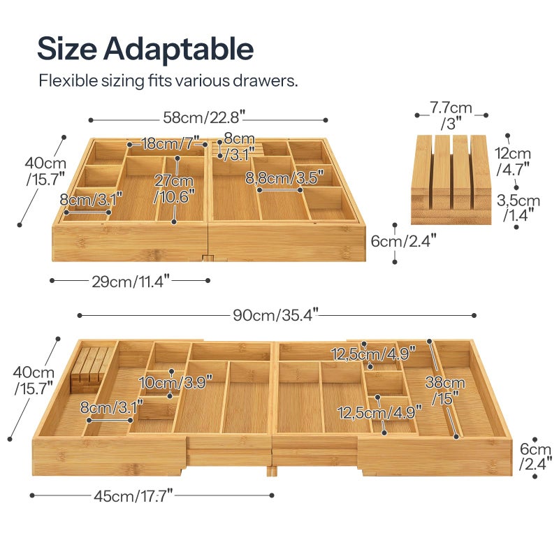HOOBRO HO0BRO Large Silverware Organizer Kitchen Drawer Organizer, Magnetic Connected Expandable Utensil Organizer From 22 to 35 Inches, Bamboo 16 Slots Cutlery Tray with Knife Holder, Natural YL07TL01 - Image 3