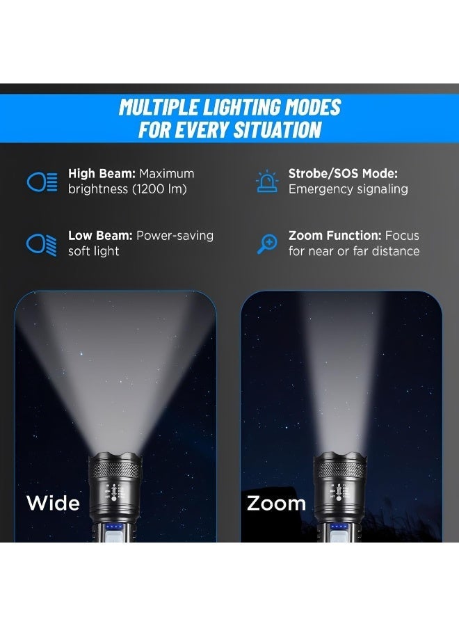 جويلوم مصباح يدوي LED قابل لإعادة الشحن – 1200 لومن، شعاع قابل للتعديل والتكبير، مقاوم للماء بمعيار IP65، مدة تشغيل 8–16 ساعة، مدى 400-500 متر، زر تشغيل، شاحن USB وشاحن سيارة، مصباح طوارئ - Image 2