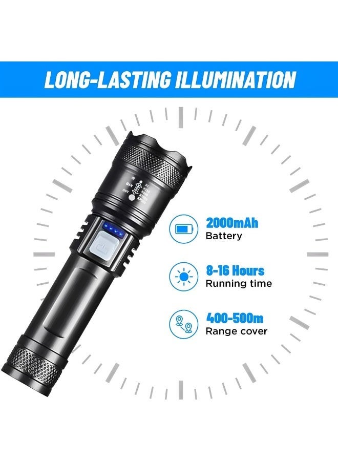جويلوم مصباح يدوي LED قابل لإعادة الشحن – 1200 لومن، شعاع قابل للتعديل والتكبير، مقاوم للماء بمعيار IP65، مدة تشغيل 8–16 ساعة، مدى 400-500 متر، زر تشغيل، شاحن USB وشاحن سيارة، مصباح طوارئ - Image 3