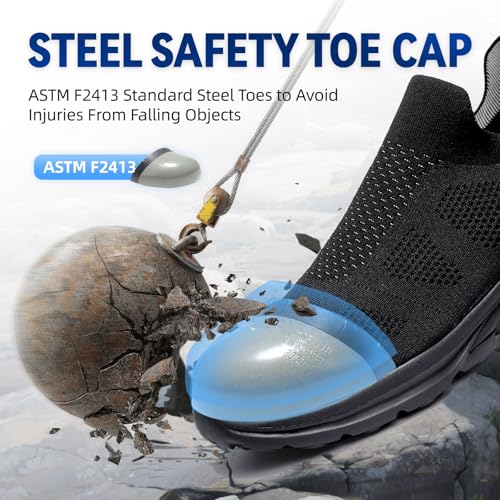Furuian Slip On Steel Toe Safety Shoes for Men Lightweight Breathable Steel Toe Work Sneakers Comfortable Non Slip Safety Work Tennis Shoes for Men Black - Image 2