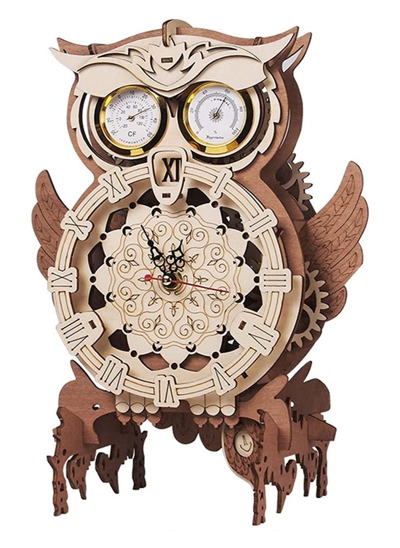 Generic - 3D Wooden Owl Clock Wall Decor Hand-Assembled Owl Clock Model with Timing Temperature Humidity Display Function Owl Clock Mechanical Puzzle - Image 1