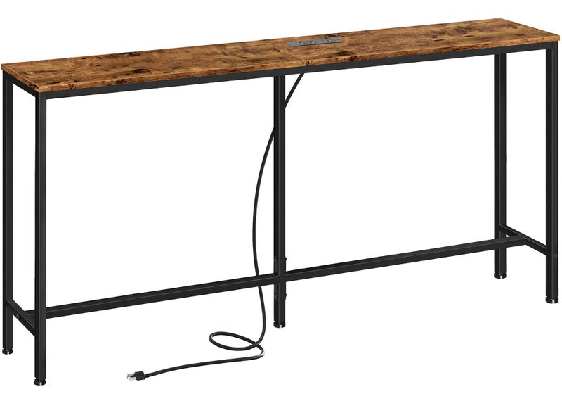 SUPERJARE Console Table with Outlet 63 Inch Sofa Table with Charging Station Narrow Entryway Table Behind Couch Table for Living Room Plants Rustic Brown