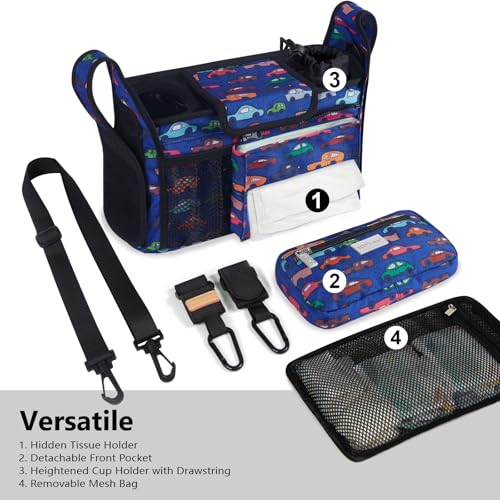TOPDesign Universal Baby Stroller Organizer Stroller Caddy with Detachable Mesh Bag Heightened Insulated Cup Holders NonSlip Secure Hooks Accessories Fits Most Strollers Cars - Image 3